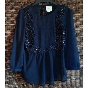 Anthropologie Maeve Beaded Embroidered Sequins Pintuck Sheer Blouse Top 0 Blue